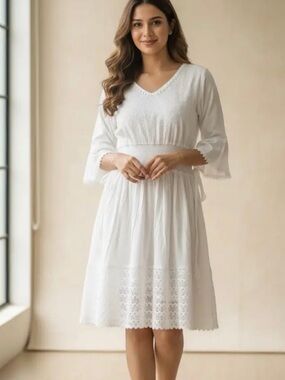 White Waves V-Neck Midi Dress with Eyelet Hem